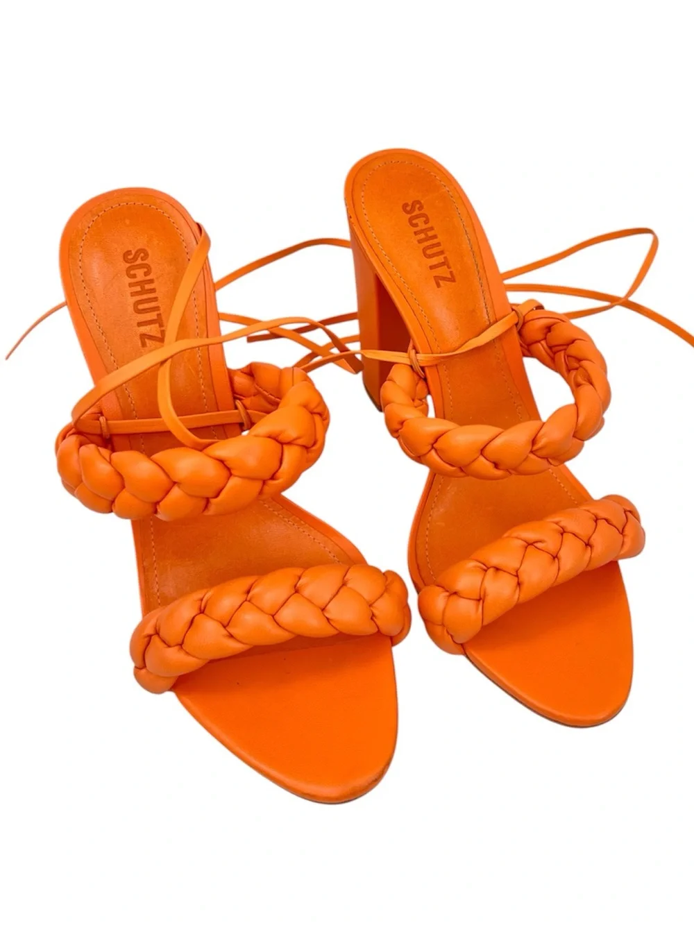 Schutz Zaria Orange High Block Heel Sandals Braided Ankle Straps Women's 9.5B